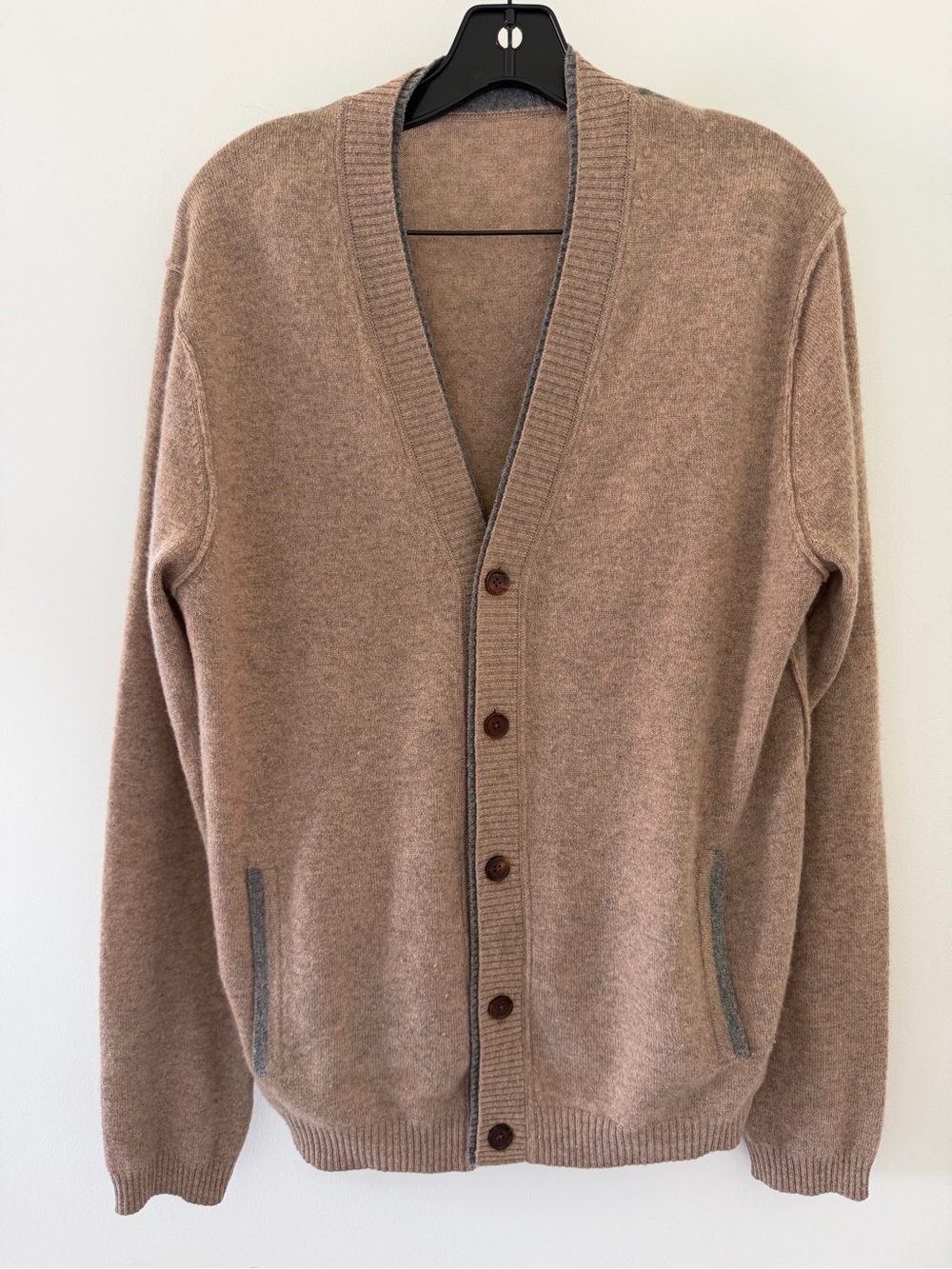 Men's 100% cashmere Taupe V-Neck Button Cardigan with Contrast Trim